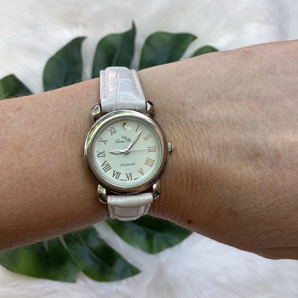 Lucien Piccard Genuine Diamond Watch White Leather Strap with Silver Accents